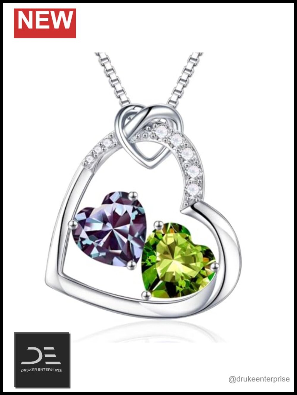 925 Sterling Silver Double Birthstone Pendant Necklace 19"+3" Adjustable